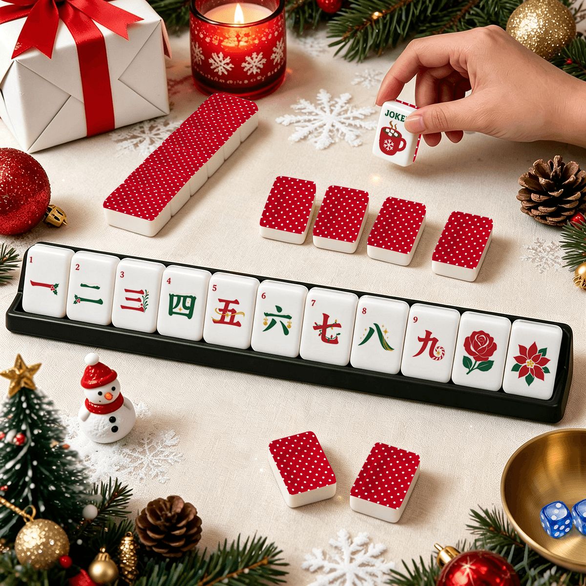 Red And White Polka Dot Christmas Classic Traditional Mahjong Tiles And Carry Case