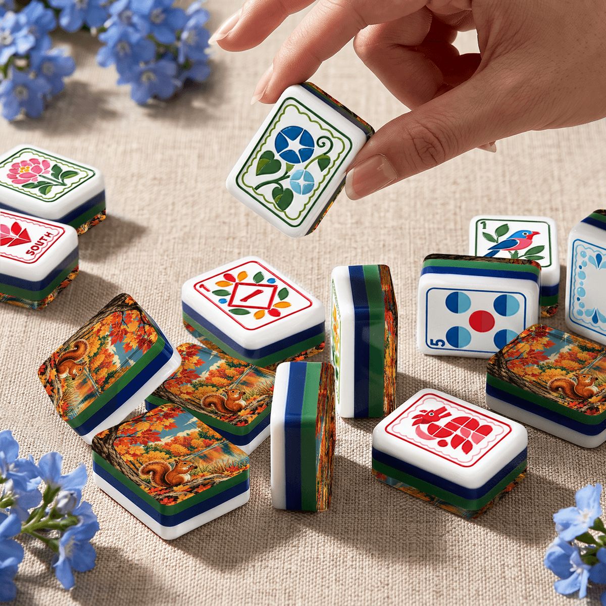 Nutty by Nature Modern Folk American Mahjong Tiles  4 Layer  And Carry Case