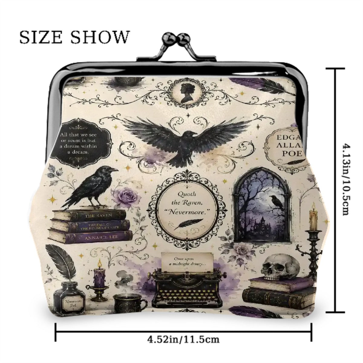 Edgar Allen Poe Gothic Women's Leather Kiss Lock Coin Purse