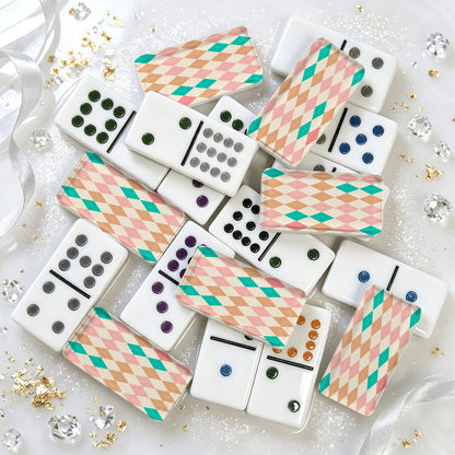 Whimsical Harlequin Design Double 12 Mexican Train Dominoes Set - Splash Of Mahj And Color Co.