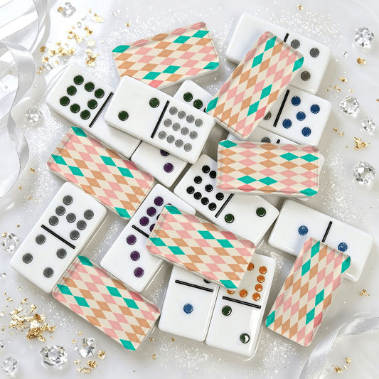 Whimsical Harlequin Design Double 12 Mexican Train Dominoes Set - Splash Of Mahj And Color Co.