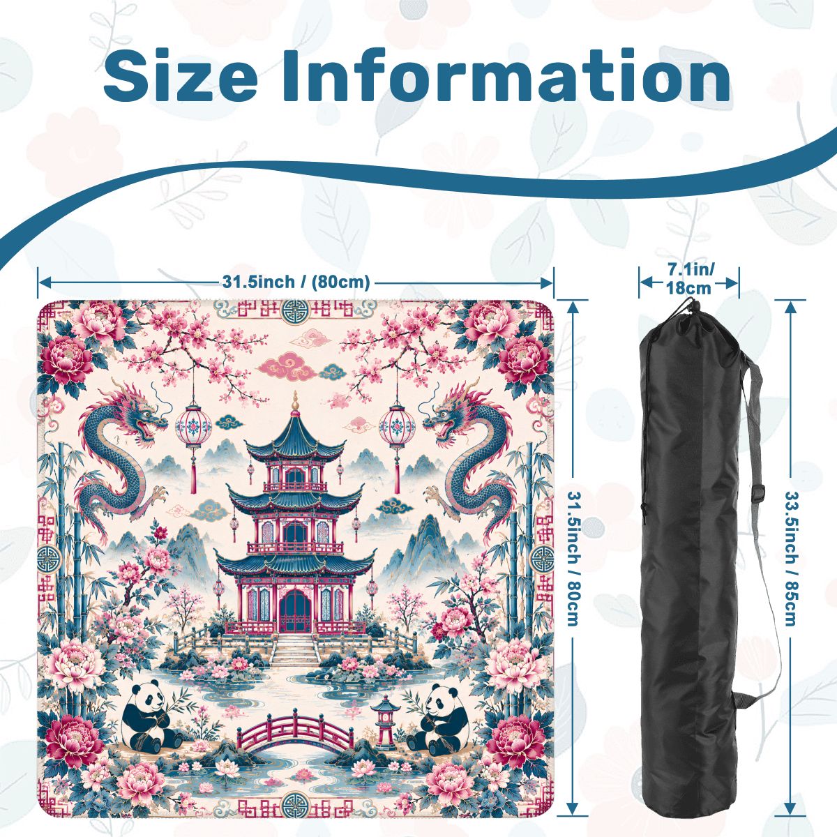 Playful Pandas And Dragon Chinoiserie Pagoda Mahjong Mat Blue And Mauve - Splash Of Mahj And Color Co.