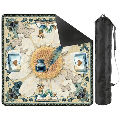 Once Upon A Mahjong Ink And Ivory Faux Embroidered Book Worm Mahjong Mat - Splash of Color Co.