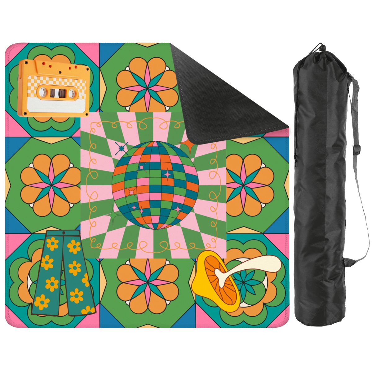 Disco Fever, Nostalgic 70s Green Orange Floral Mahjong Mat