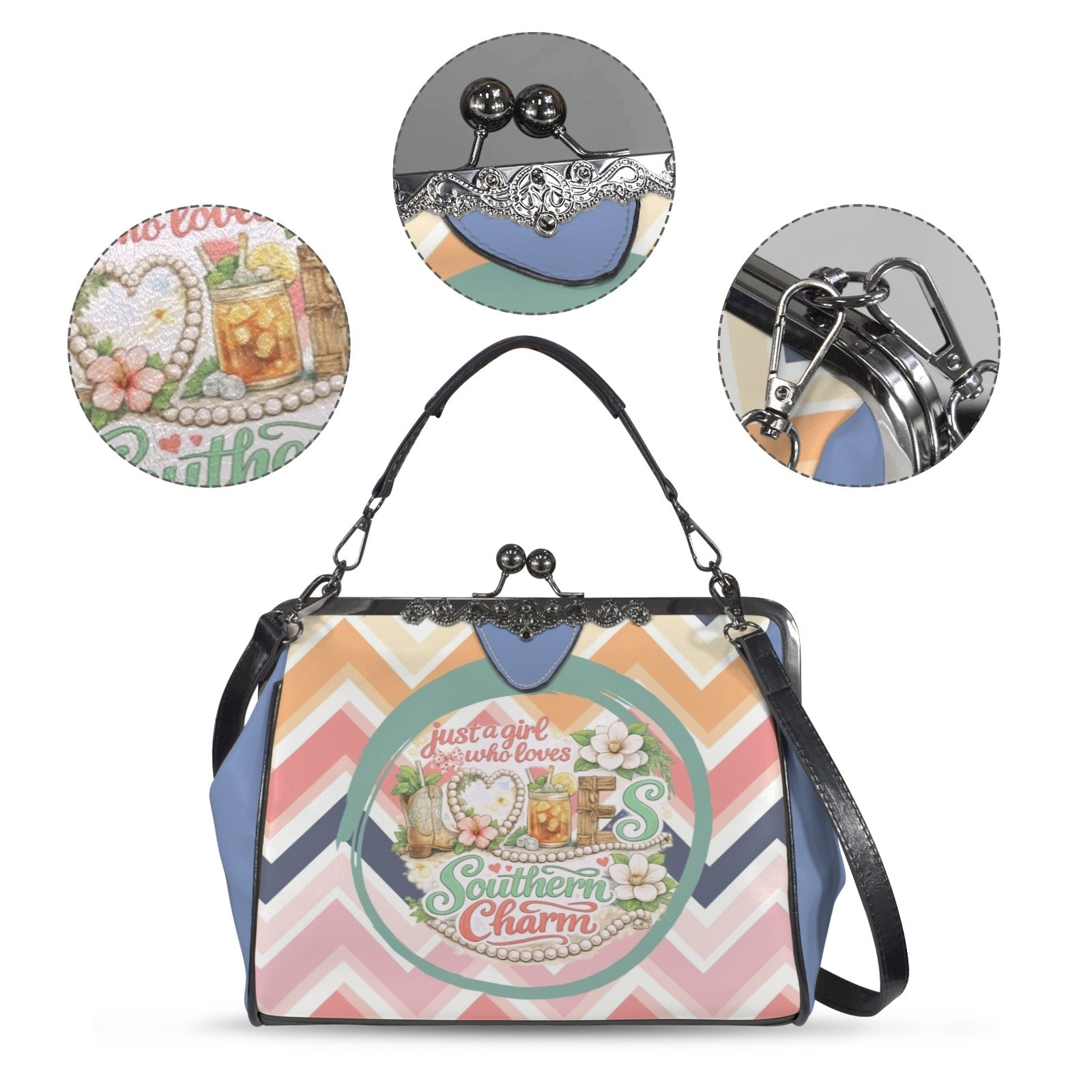 Just A Girl Who Loves Southern Charm And Mahjong Preppy Chevron Kisslock Crossbody Shoulder Bag - Splash of Color Co.