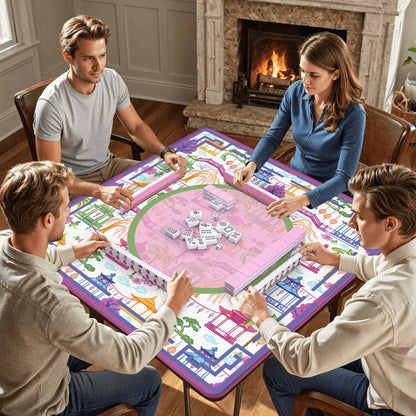 Asian Chinoiserie Gardens, Pagoda, Lantern Lavender And Blue Mahjong Mat - Splash of Color Co.