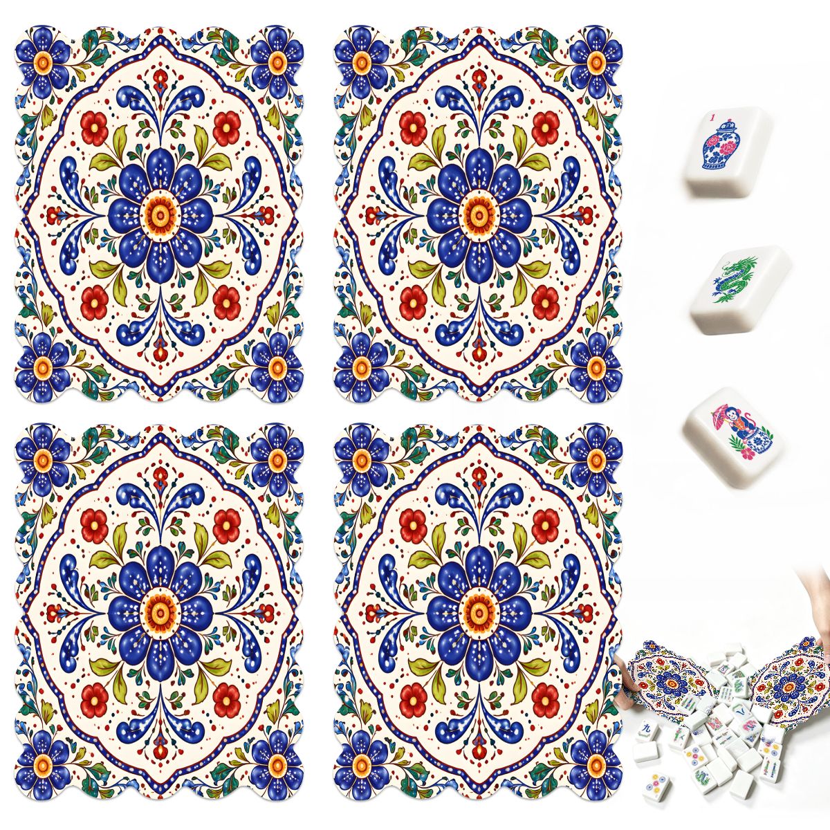 Blue Polish Pottery Porcelain Designed Scalloped Mahjong Shuffler Cards  Set of 4