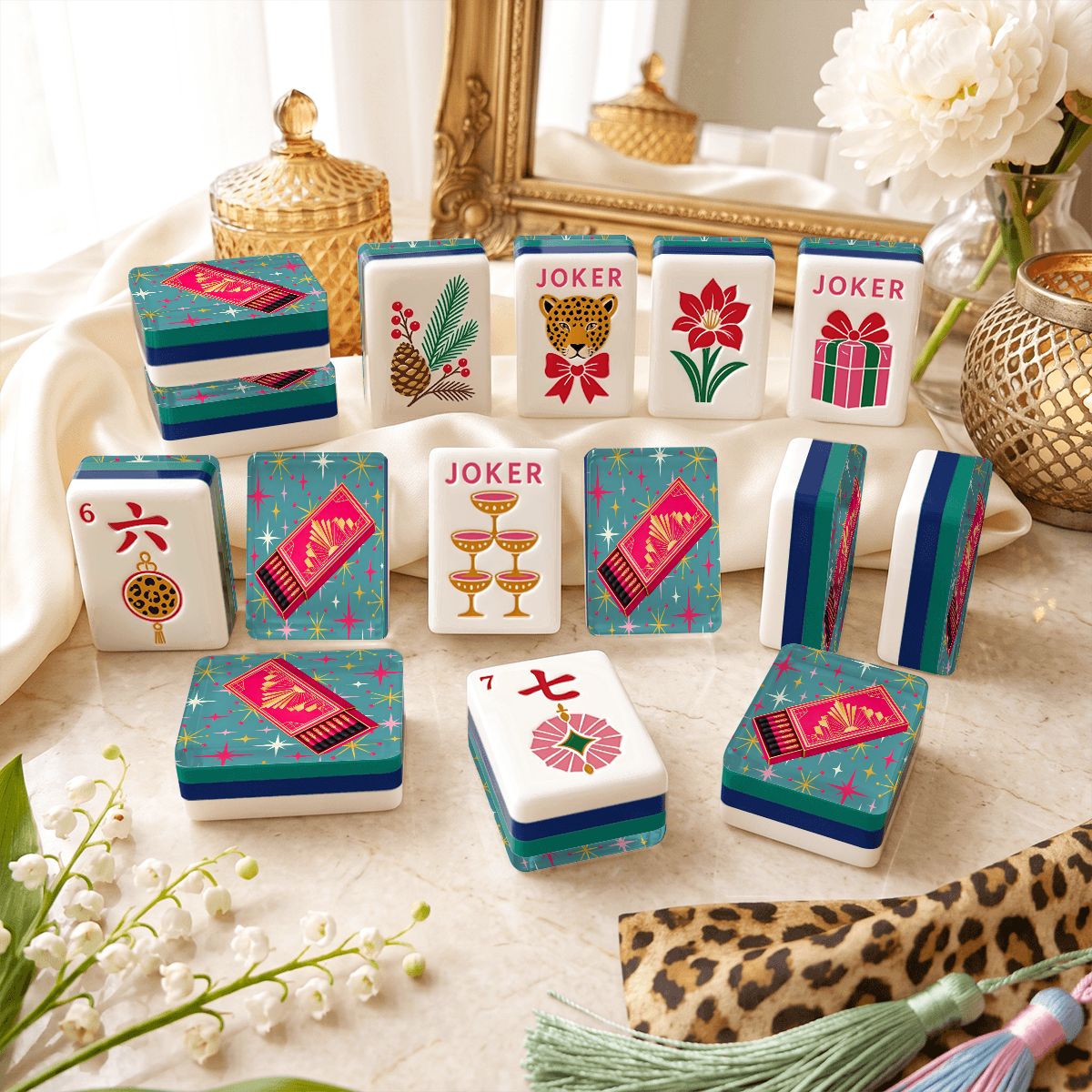 Art Deco Glam, Matchsticks 4Layer Luxe Holiday American Mahjong Tiles With Carry Case - Splash Of Mahj And Color Co.