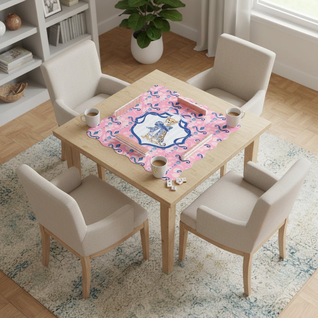 Charleston Cheetah Pretty Pink, Blue Scalloped Mahjong Mat - Splash of Color Co.
