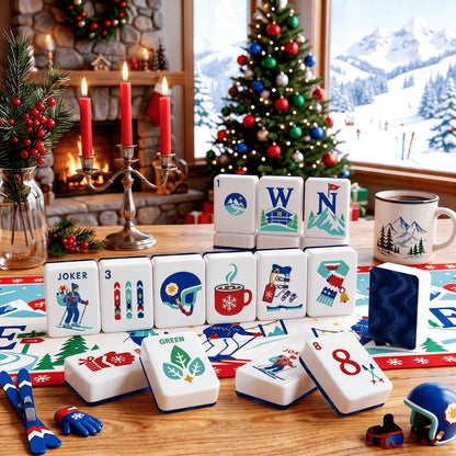 Winter Blues Alpine Slopes ENGRAVED Christmas Mahjong Tiles And Carry Case - Splash Of Mahj And Color Co.