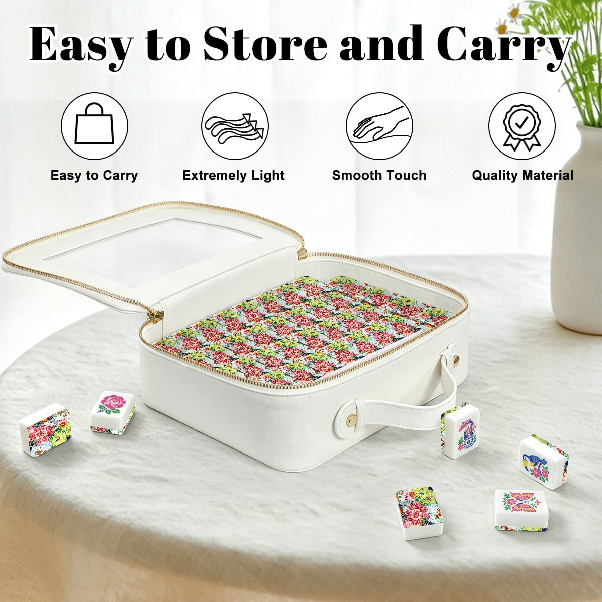 Floral Engraved Mahjong Tiles with Carry Case - Elegant Set