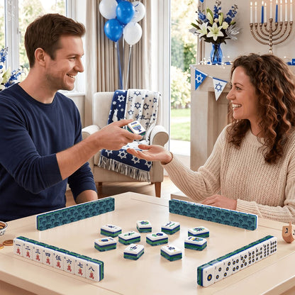 Art Deco Tealish Blue Hanukkah Mahjong Tiles And Carry Case - Splash Of Mahj And Color Co.