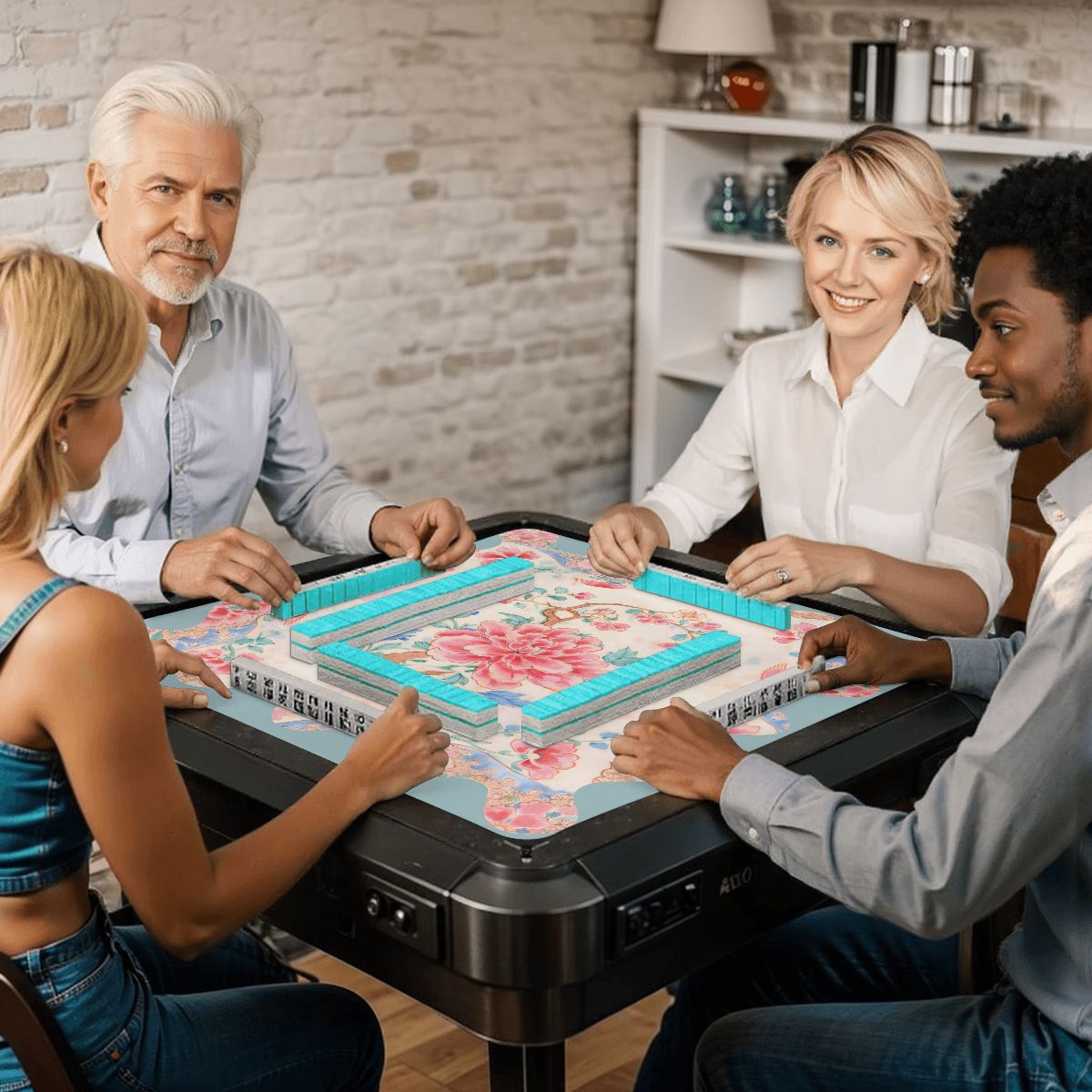 Famille Rose Pink Peony, Baby Blue Floral Chinoiserie Mahjong Mat - Splash of Color Co.
