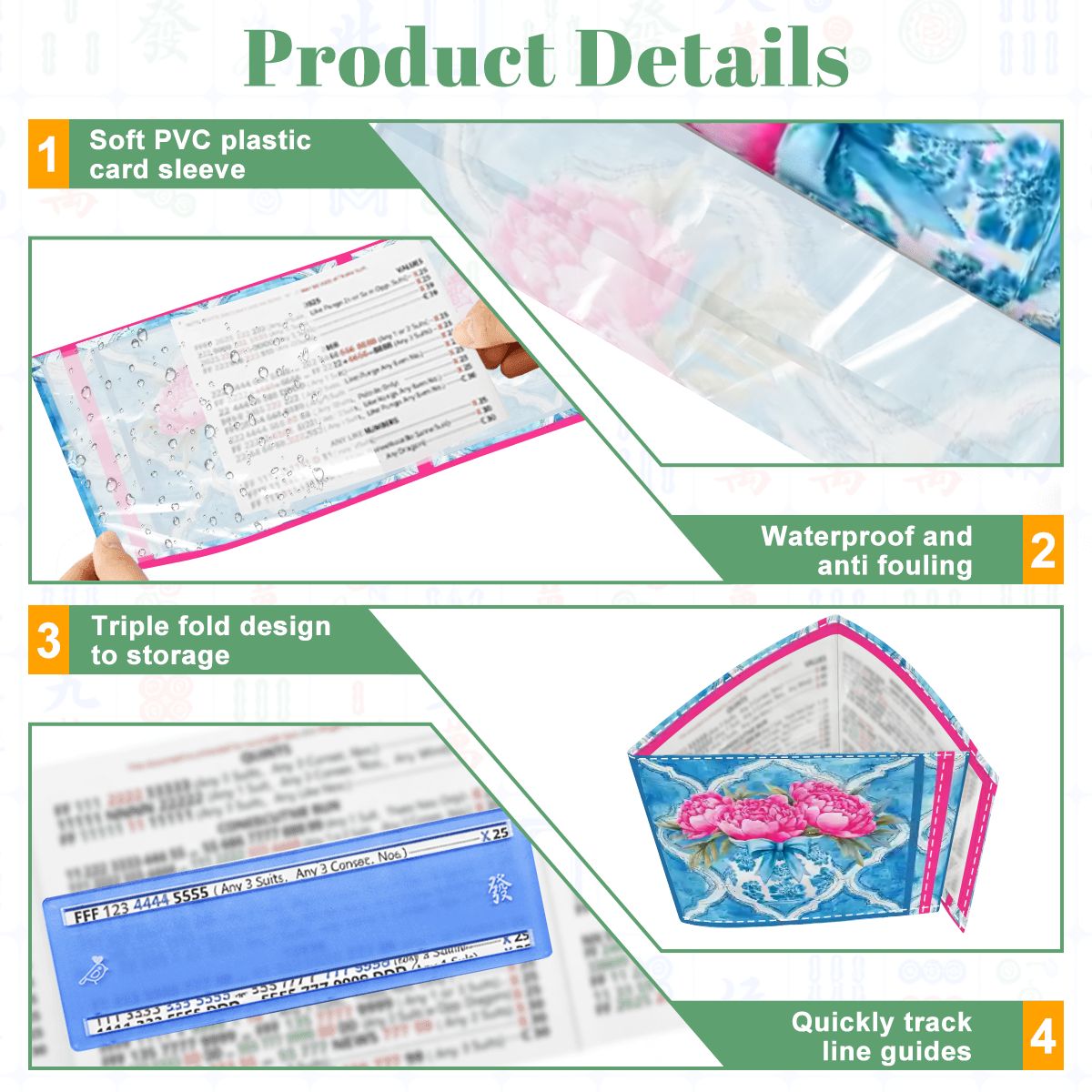 Pink Peony Watercolor Blue, 4 Mahjong Card Holder with Line Finder - Splash of Color Co.