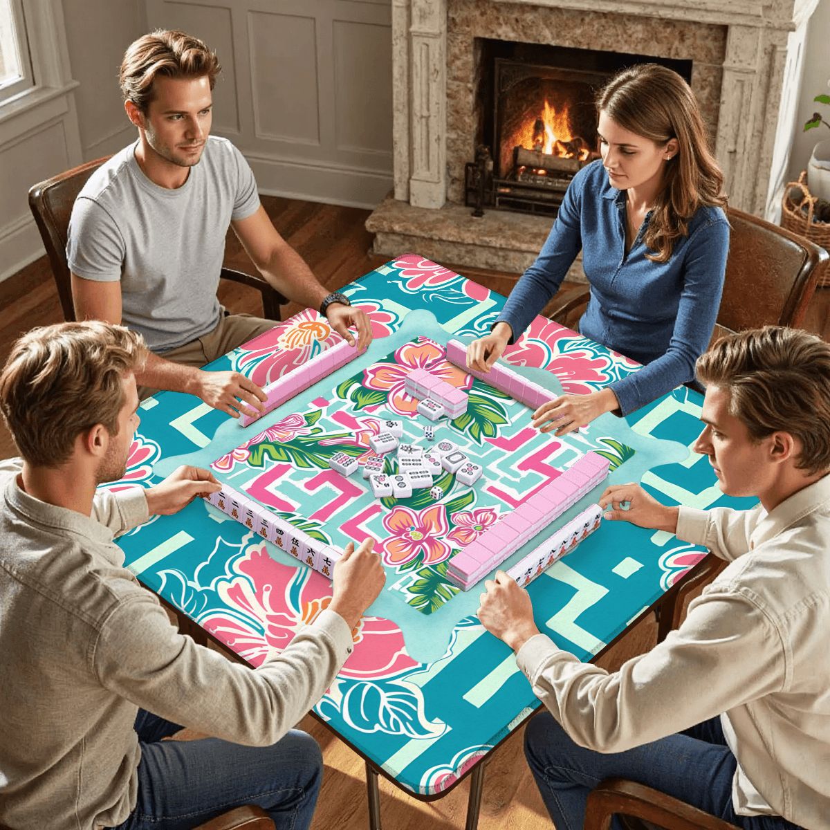 Greek Key Polynesian Hibiscus Flower Mahjong Mat