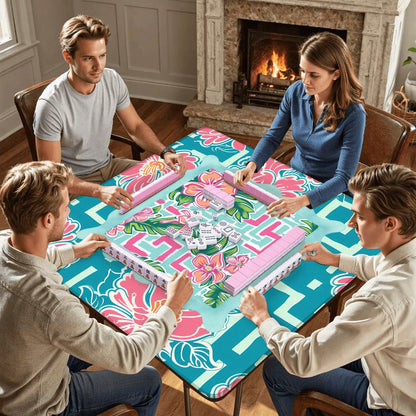 Greek Key Polynesian Hibiscus Flower Mahjong Mat
