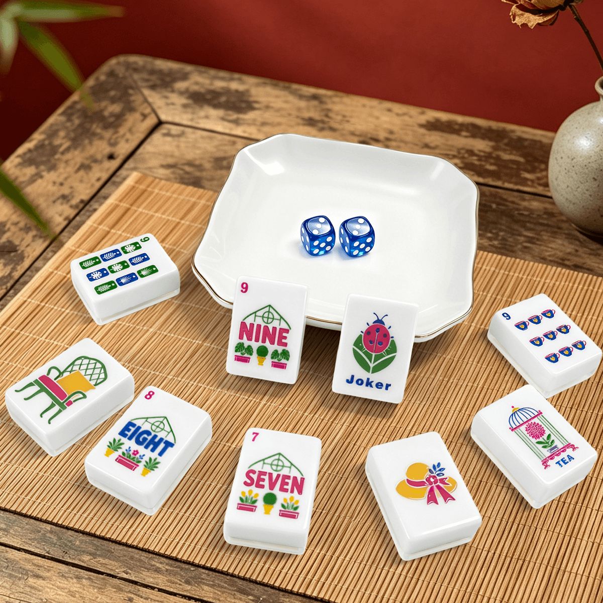 Lime Green Cheetah Garden American Mahjong Tiles (Floral Garden Style) With Carry Case