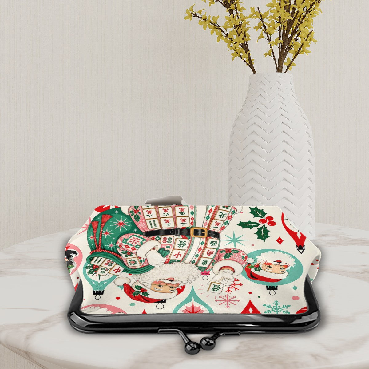 Nostalgic Jolly Mahjong Santa Women's Leather Kiss Lock Coin Purse