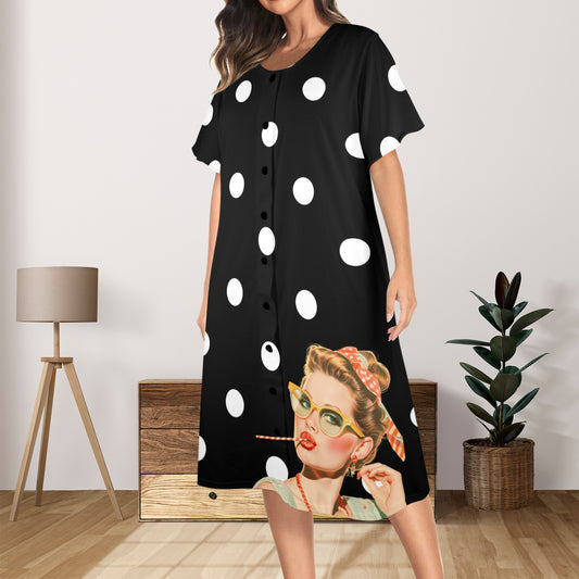 Sassy Gal Black White Polka Dot Comfy Muumuu Dress