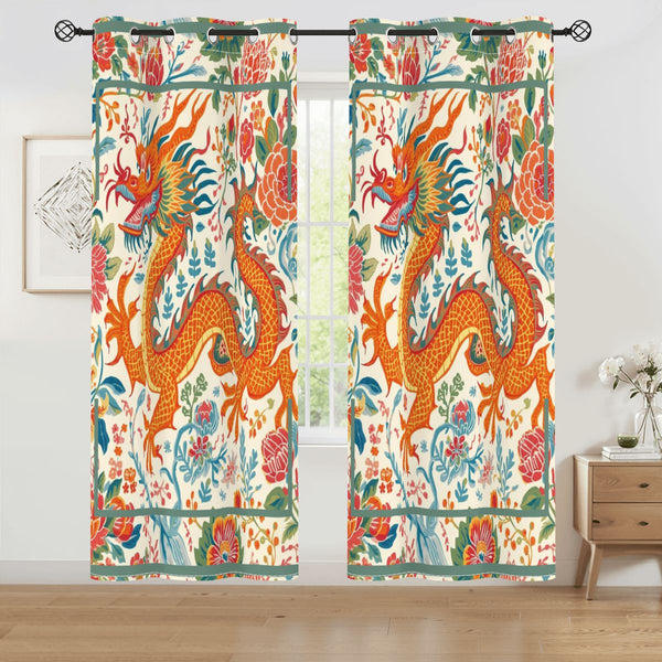 Asian Dragon, Orange Teal Chinoiserie Blackout Curtain Panels - Splash of Color Co.