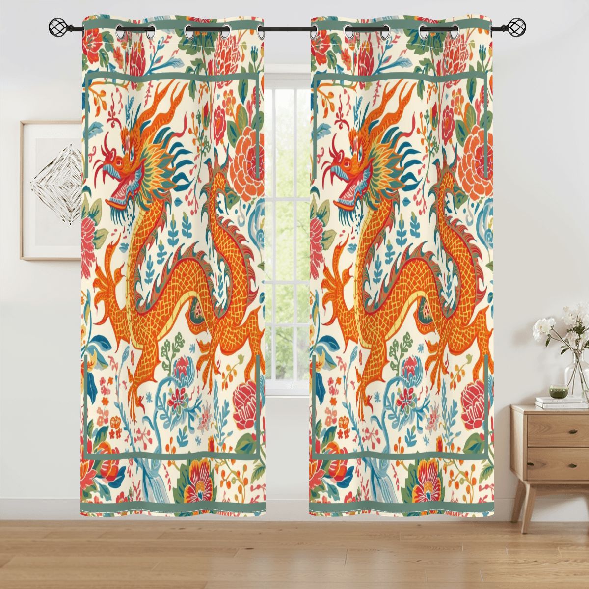Asian Dragon, Orange Teal Chinoiserie Blackout Curtain Panels - Splash of Color Co.