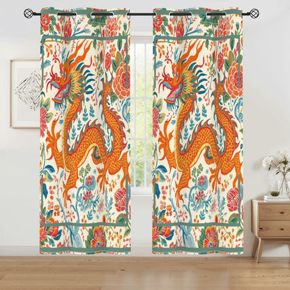 Asian Dragon, Orange Teal Chinoiserie Blackout Curtain Panels - Splash of Color Co.