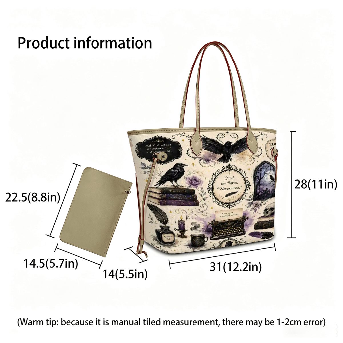 Edgar Alle Poe Literature Lover Vegan Leather Tote Bag with Mini Pouch