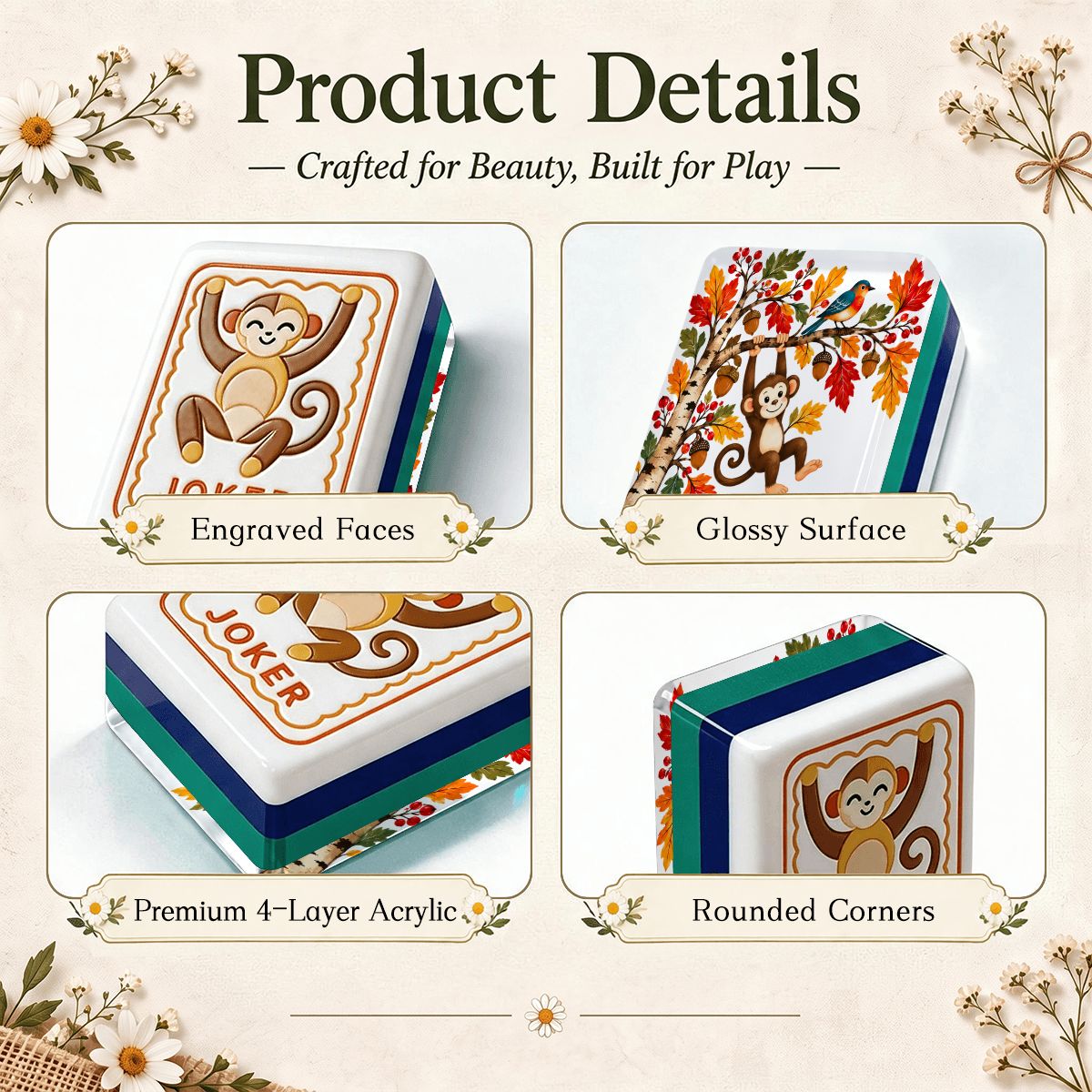 Monkey See Monkey Fall Modern Folk American Mahjong Tiles 4 Layer With Carry Case - Splash Of Mahj And Color Co.