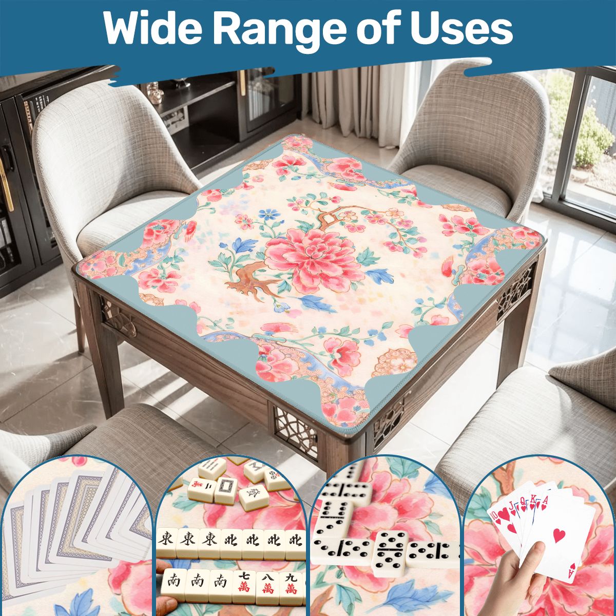Famille Rose Pink Peony, Baby Blue Floral Chinoiserie Mahjong Mat - Splash of Color Co.