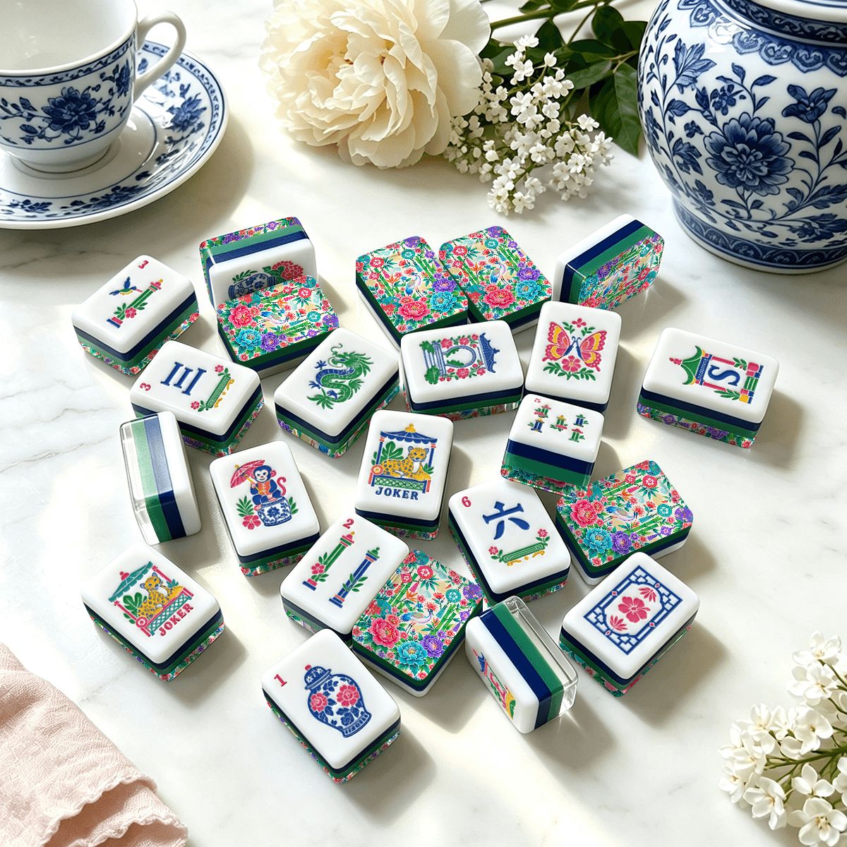 Peony & Parasol Chinoiserie Chic American Engraved Layered Mahjong Tiles - Splash Of Mahj And Color Co.