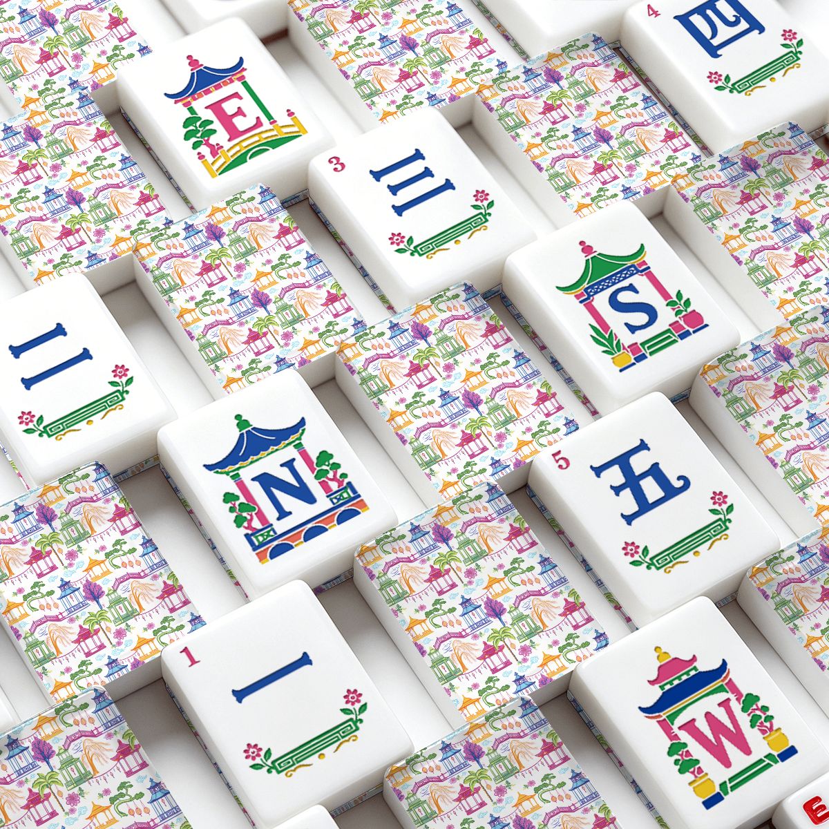 Asian Pagoda Chinoiserie Pretty Pastel American Mahjong Tiles And Carry Case