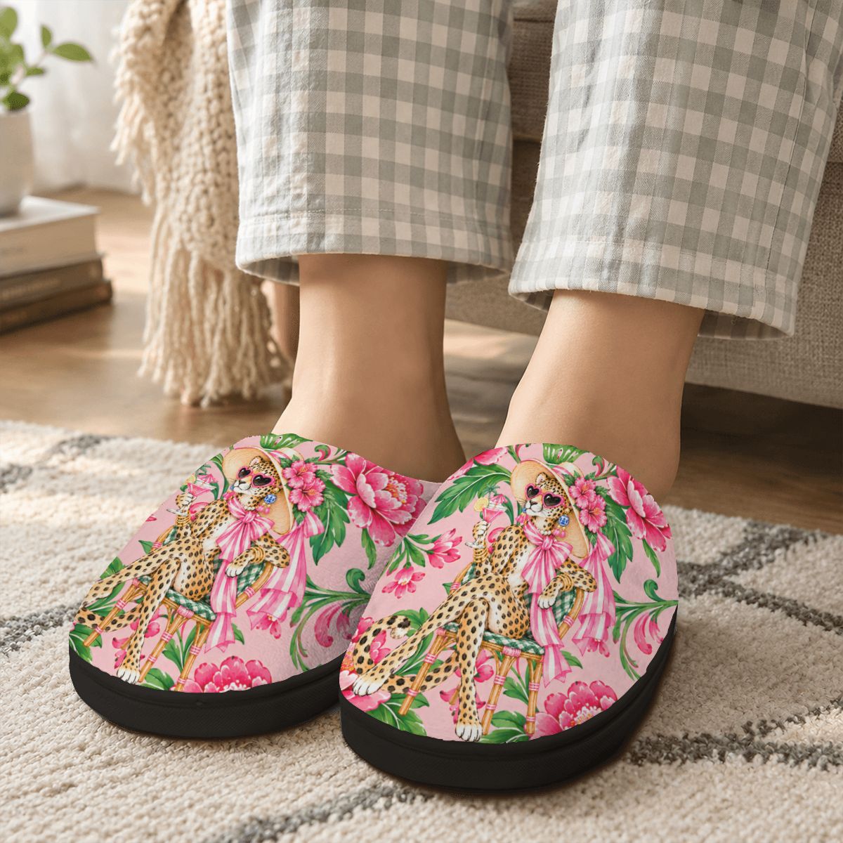 Diva Leopard Chinoiserie Plush House Slippers