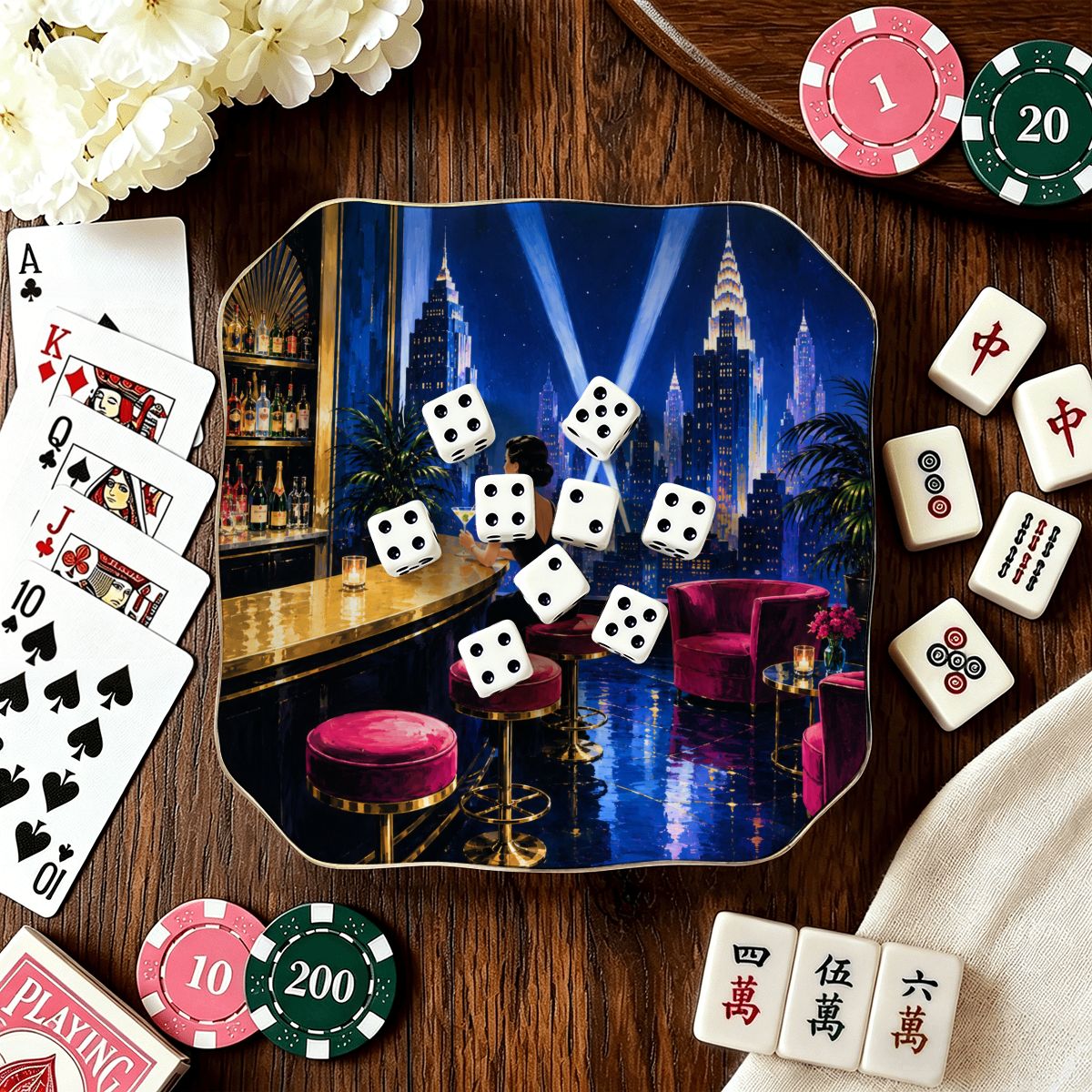 Art Deco Midnight At The Oasis Scalloped Ceramic Mahjong Dice Tray