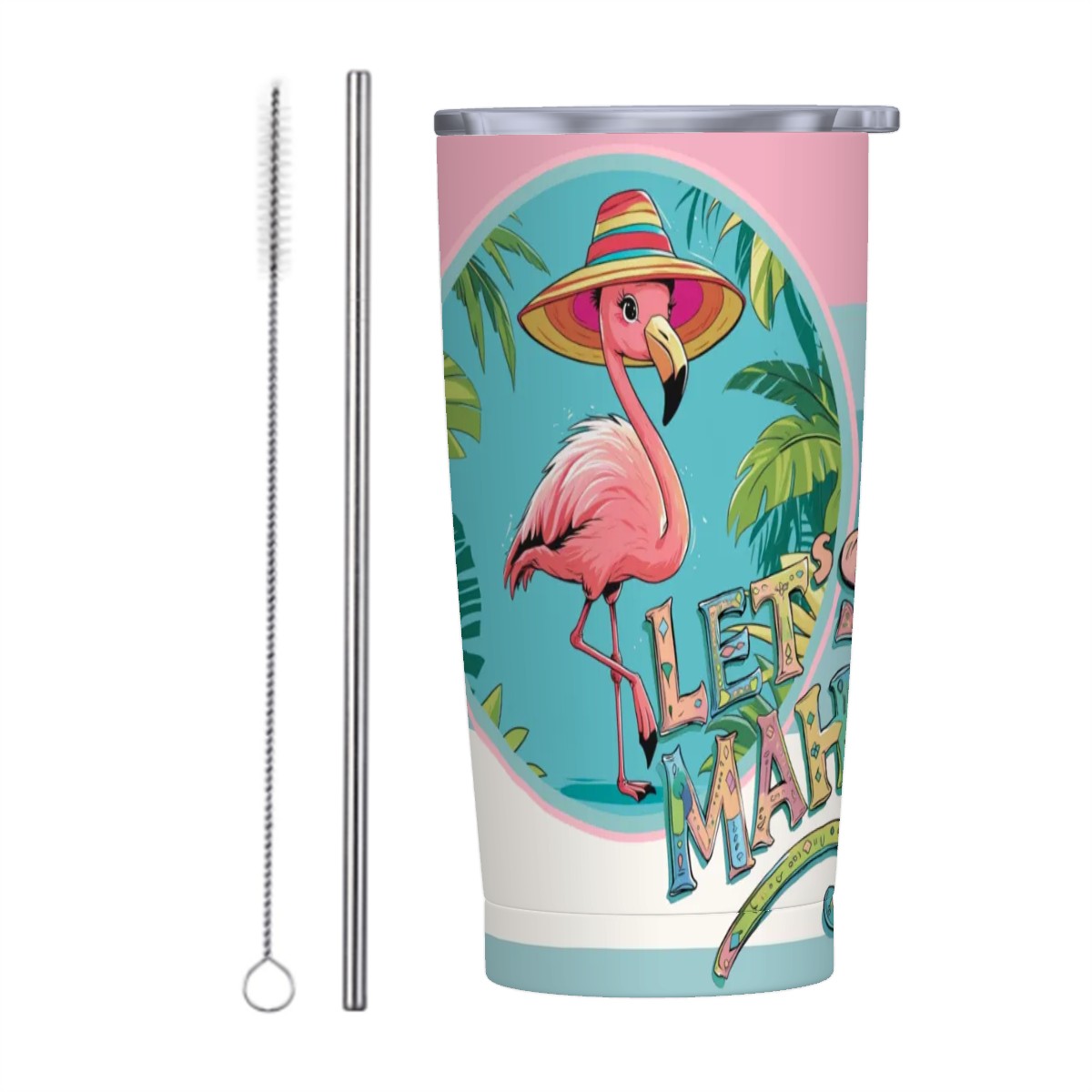Let's Mahj, Whimsical Tropical Flamingo Mahjong Stainless Steel Insulated Tumblers with Lid & Straw