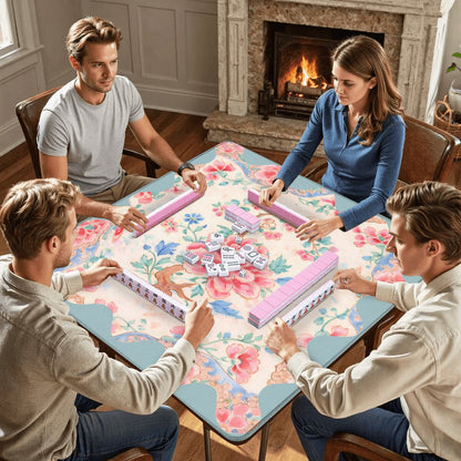 Famille Rose Pink Peony, Baby Blue Floral Chinoiserie Mahjong Mat - Splash of Color Co.