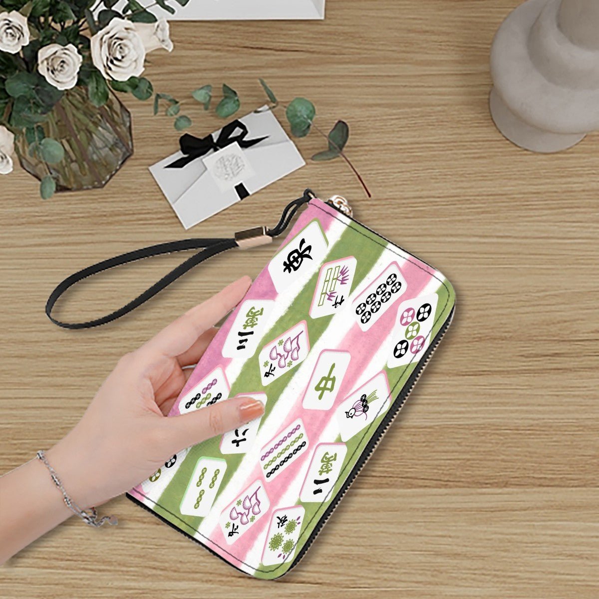 Mahjong Clutch Wallet for Women, Pink Green Watercolor Mahj Tile Design - Splash of Color Co.
