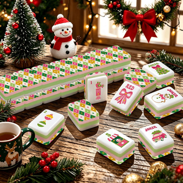 Harlequin Whimsy Preppy Pink Christmas Mahjong Tiles And Carry Case