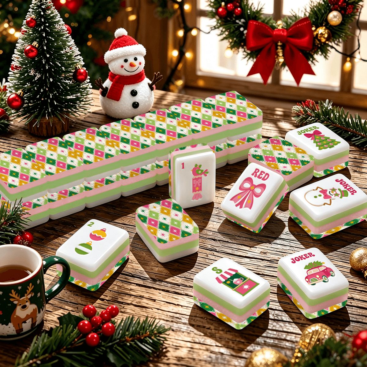 Harlequin Whimsy Preppy Pink Christmas Mahjong Tiles And Carry Case