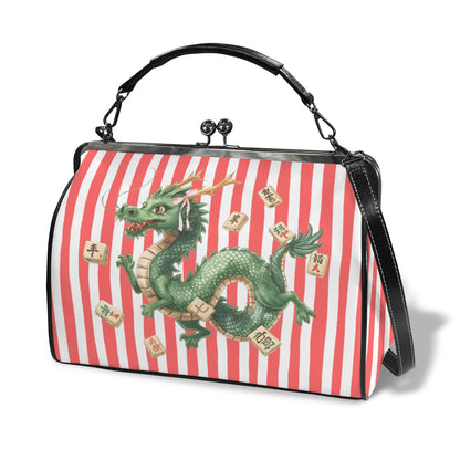 Preppy Coral Striped Green Dragon Kisslock Handbag, Shoulder Bag