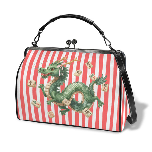 Preppy Coral Striped Green Dragon Kisslock Handbag, Shoulder Bag - Splash Of Mahj And Color Co.