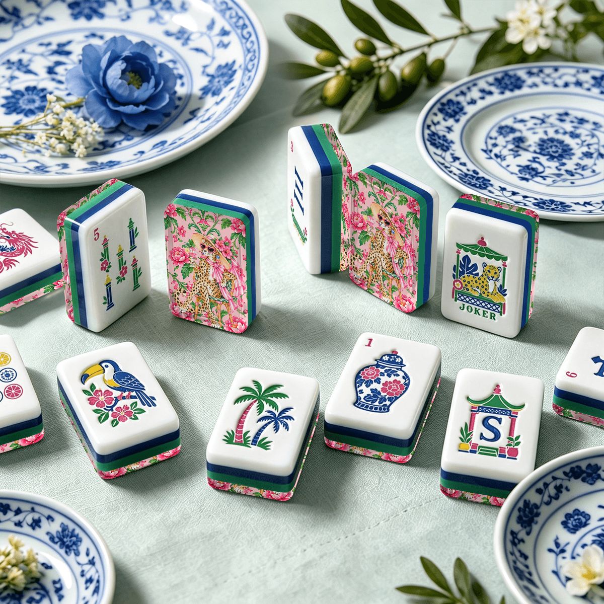 Grandmillenial Chic Leopard Lady Chinoiserie American Mahjong Tiles With Carry Case