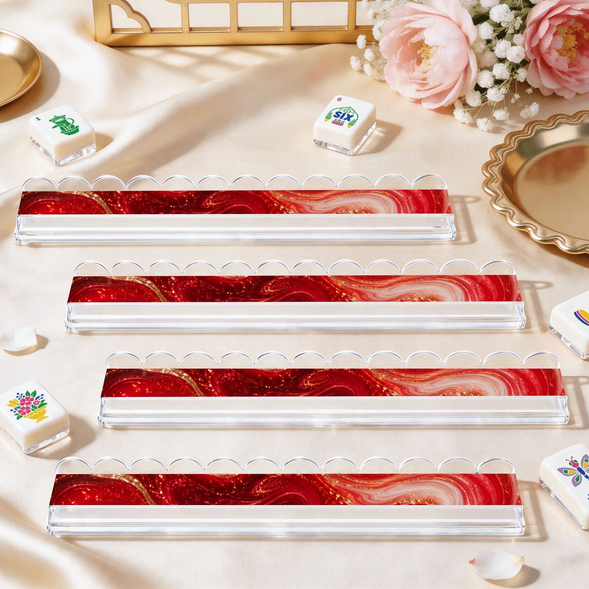 Red Glaze Extended Mahjong Rack Set of 4 Scalloped Magnetic Tile Pusher 20' - Splash Of Mahj And Color Co.