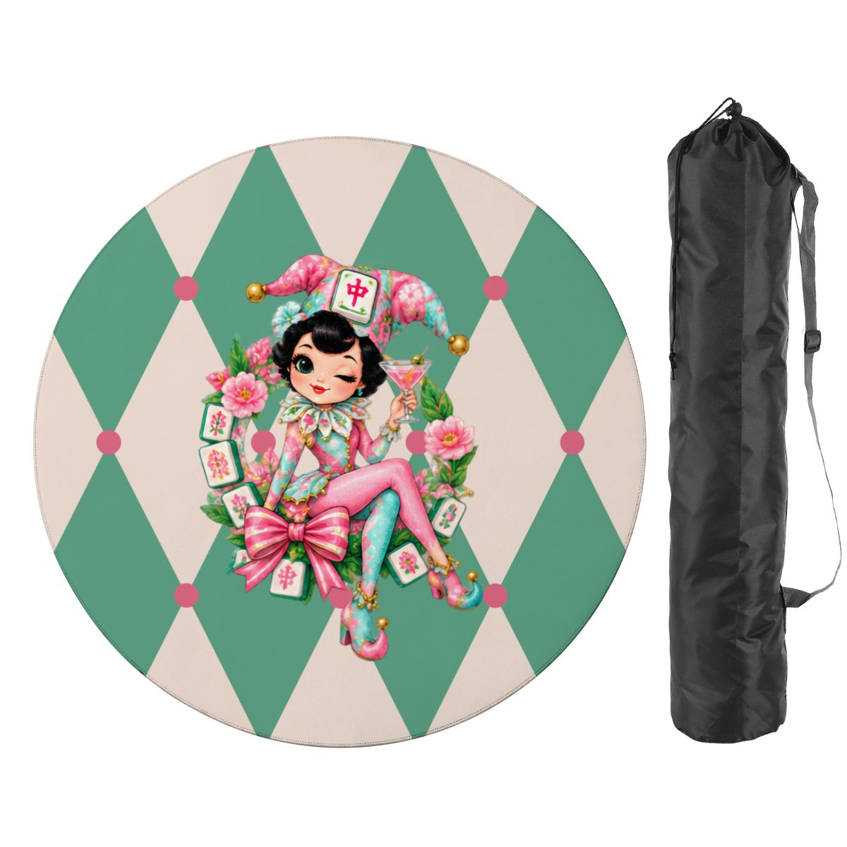 Mahjie The Mascot Harlequin Designed Round Mahjong Mat - Splash Of Mahj And Color Co.
