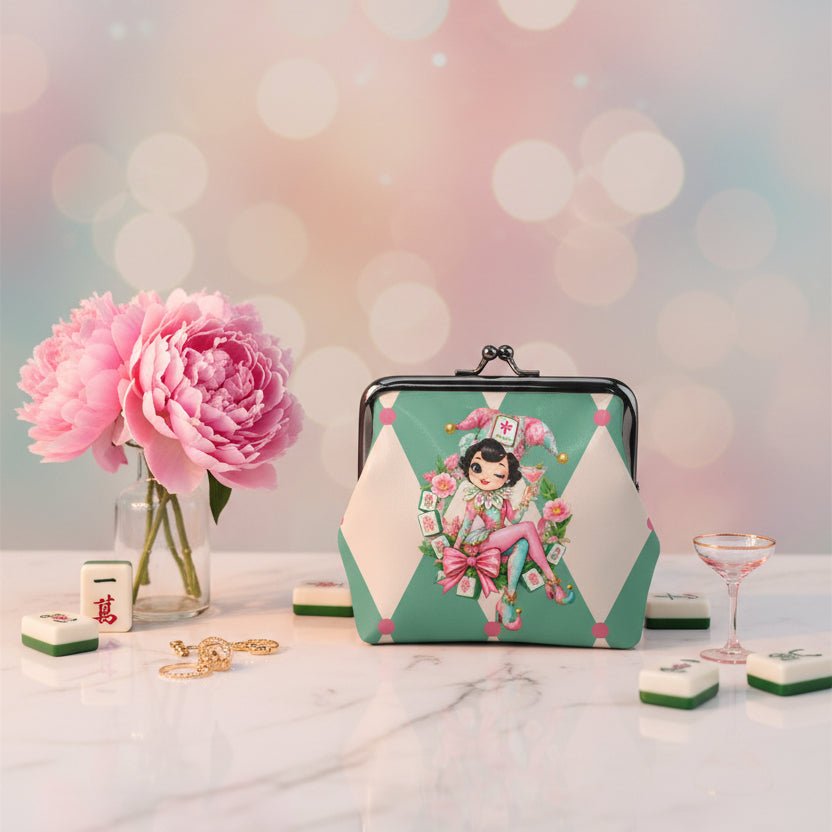 Mahjie The Mahjong Mascot Harlequin Designed Women's Leather Kiss Lock Coin Purse - Splash Of Mahj And Color Co.