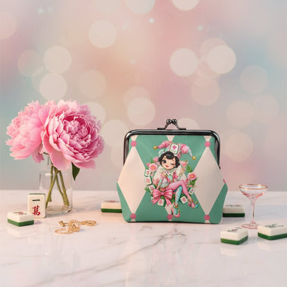 Mahjie The Mahjong Mascot Harlequin Designed Women's Leather Kiss Lock Coin Purse - Splash Of Mahj And Color Co.