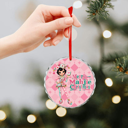 Merry Mahjie Christmas Pink Harlequin Round Glass Christmas Ornament