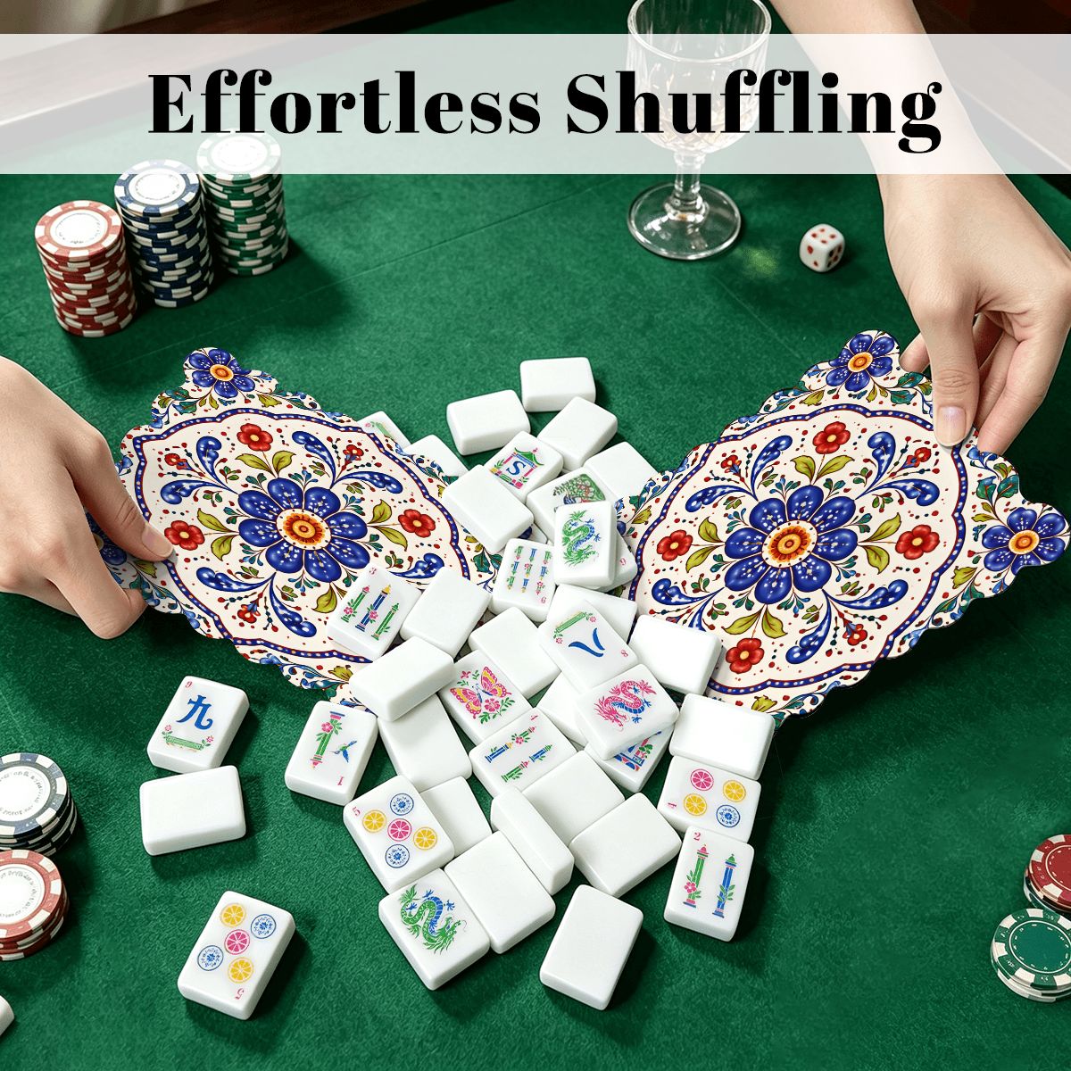 Blue Polish Pottery Porcelain Designed Scalloped Mahjong Shuffler Cards  Set of 4