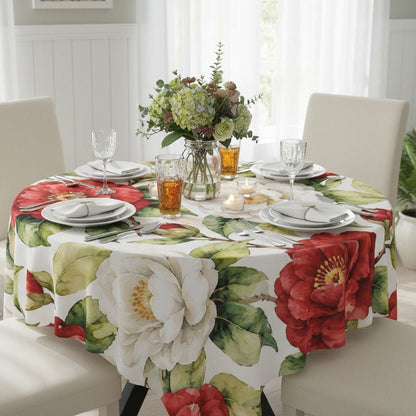 Camellia Bloom Southerbelle Tablecloth — Red & White Floral Dining Linen - Splash Of Mahj And Color Co.