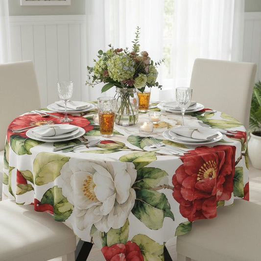 Camellia Bloom Southerbelle Tablecloth — Red & White Floral Dining Linen - Splash Of Mahj And Color Co.