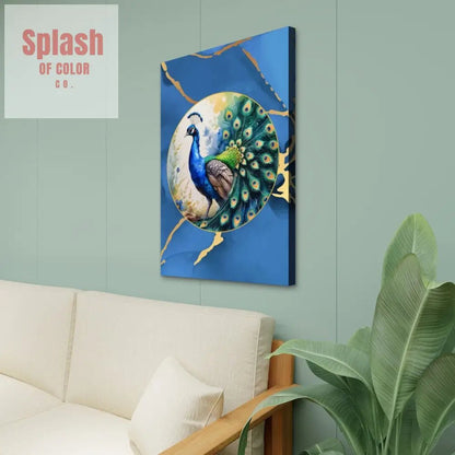 Elegant Whimsical Floral Watercolor Peacock, Royal Blue With Gold Accents Canvas Art - Splash of Color co.